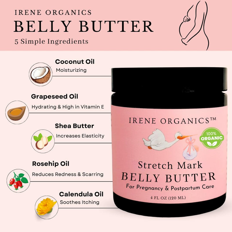 [Australia] - Irene Organics Organic Belly Butter for Pregnancy Stretch Mark Prevention and Treatment Award Winning Anti Stretch Mark Tummy Balm For Pregnancy and Postpartum 8oz - Hydrating Bump Cream Belly Balm 8 Ounce 