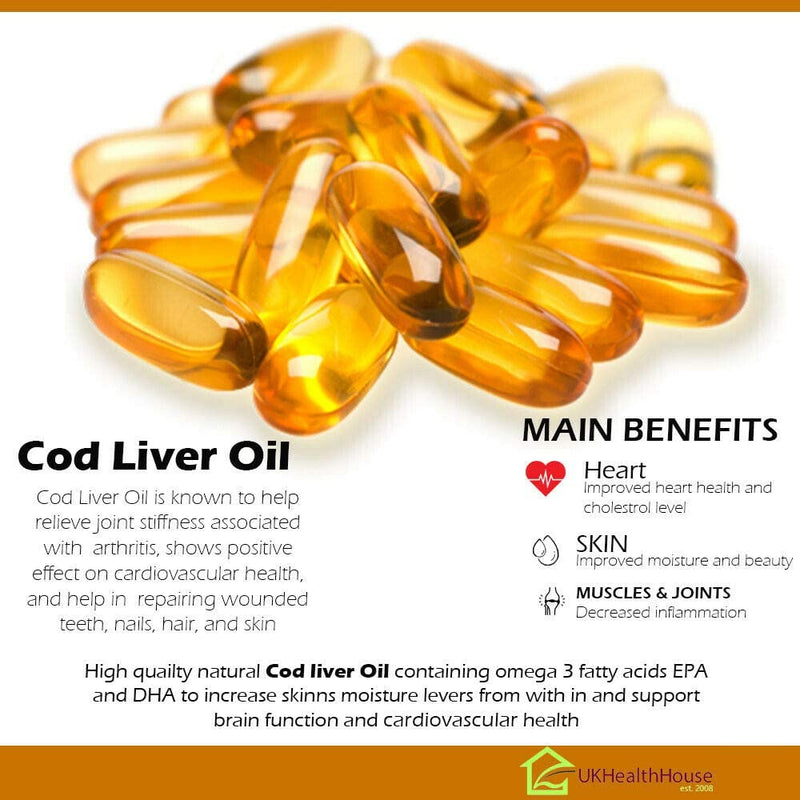 UKHealthHouse Premium - Cod Liver Oil Capsules - 1000mg x 240 - High Strength - Omega-3 Fatty Acids - EPA and DHA