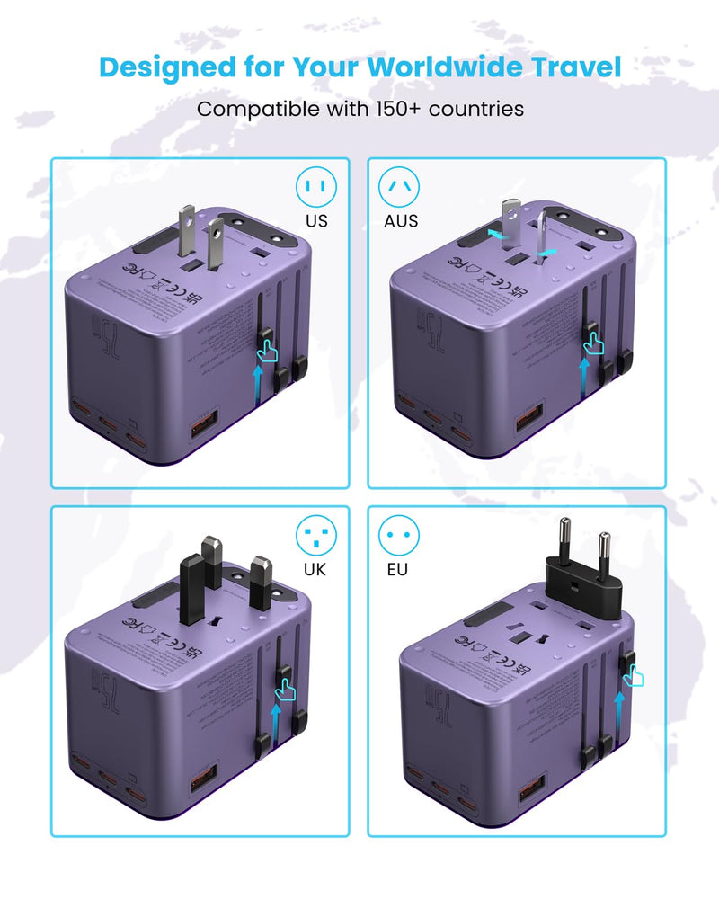 VINTAR GaN Universal Travel Adapter 75W, 6-in-1 with 3USB-C PD & 2USB-A QC | International Power Adapter for EU/UK/US/AU, Fast Charging for Laptops/Tablets/Phones, Type C/G/A/I Plug, Purple 75W Purple