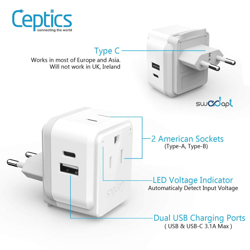 Ceptics International Power Plug Adapter Travel Set, 20W PD & QC, Safe Dual USB & USB-C 3.1A - 2 USA Outlet - Compact - Use Europe, Asia, Africa In Worldwide - Includes 13 Type SWadAPt Attachments Cherry White