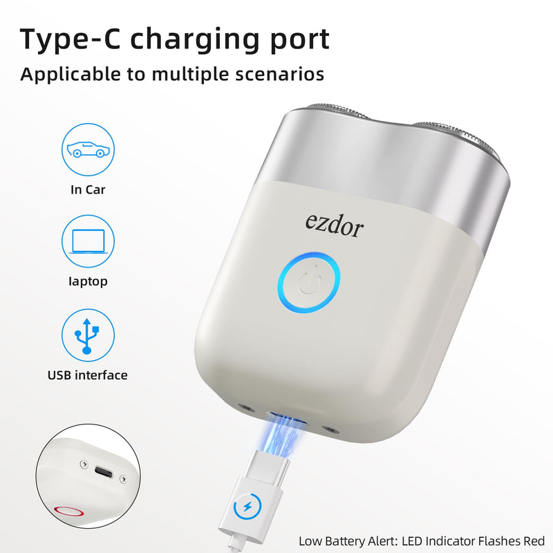 Mini Electric Shaver,Electric Razor for Men,Portable Alloy Razor, USB-C Rechargeable, Dual Blade, Wet & Dry Shaving, IPX7 Waterproof, Detachable & Easy Clean, White