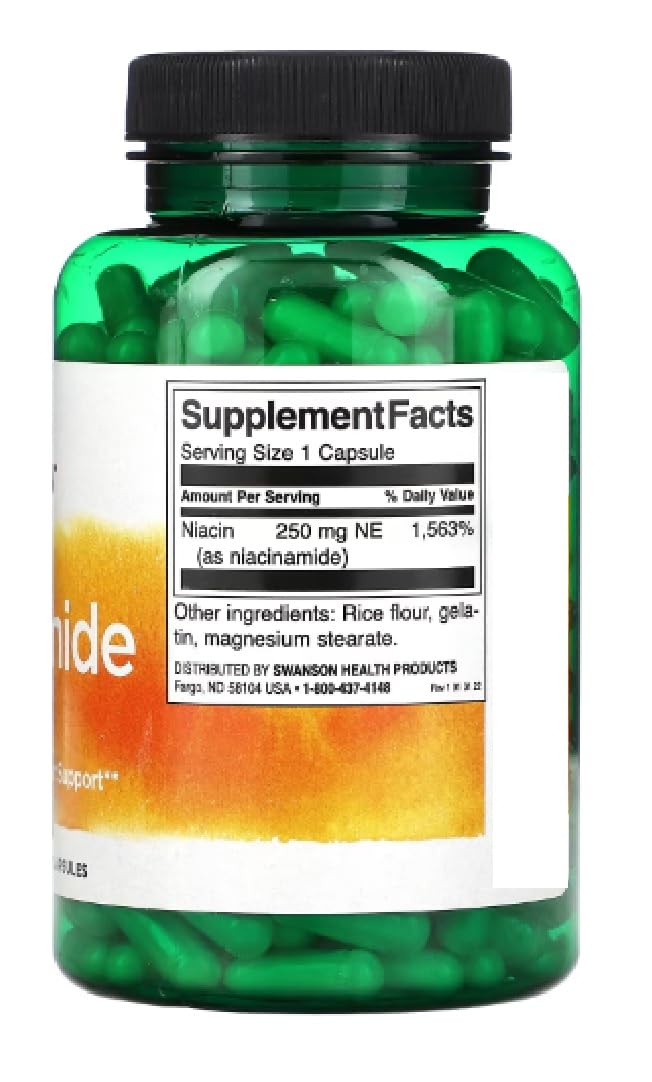 Swansons Swanson - Niacinamide 250mg | Non-Flush Vitamin B3 for Cellular Energy & Skin Health | 250 Capsules