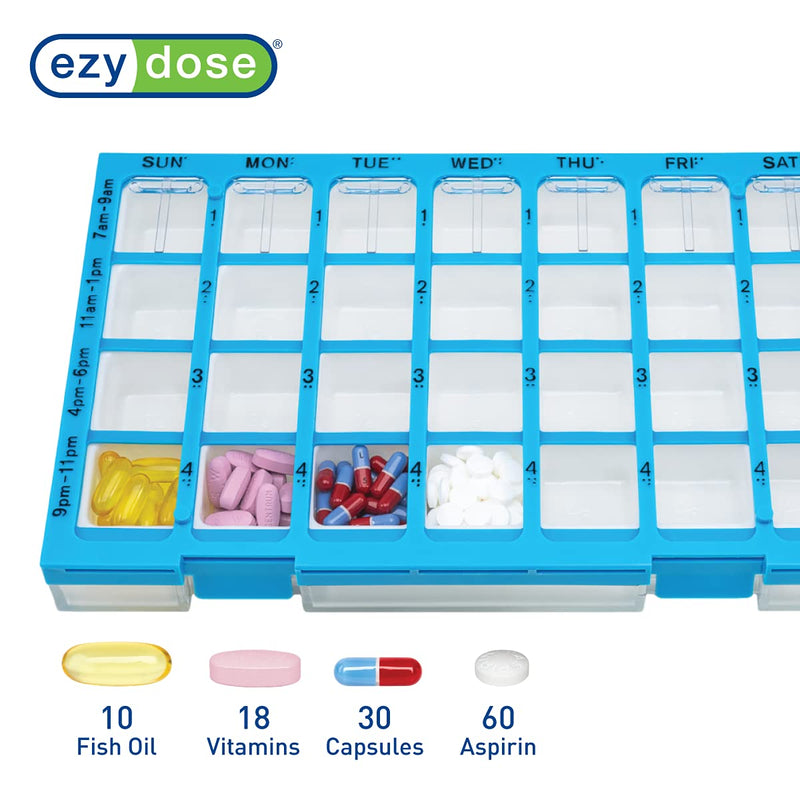 EZY DOSE Weekly AM/PM (7-Day) Daily Practidose Pill Planner, Medicine Case, Vitamin and Supplement Organizer, Large Easy Fill Compartments, 4 Times a Day, 28 Compartments, Clear Lids, Blue, BPA Free Large 12.25"x7.75"x1.5" (Pack of 1)