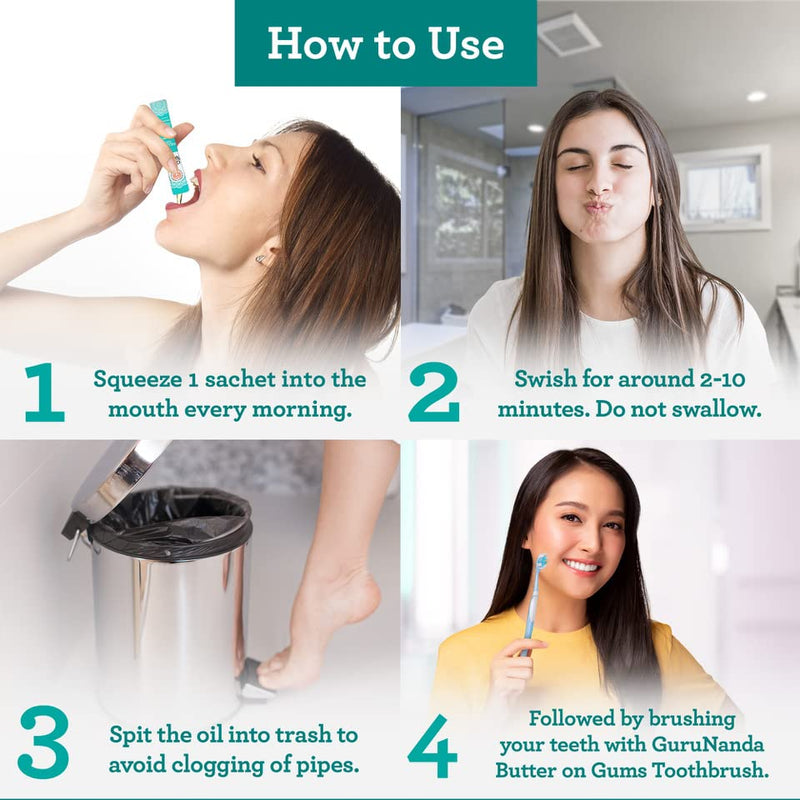 GuruNanda Travel Sachets Coconut Oil Pulling, Fresh Breath Mouthwash, 7 Essential Oils & Vitamins for Happy Teeth & Gums, with Tongue Scraper, 28 Sachets 0.4 Fl Oz (Pack of 28)