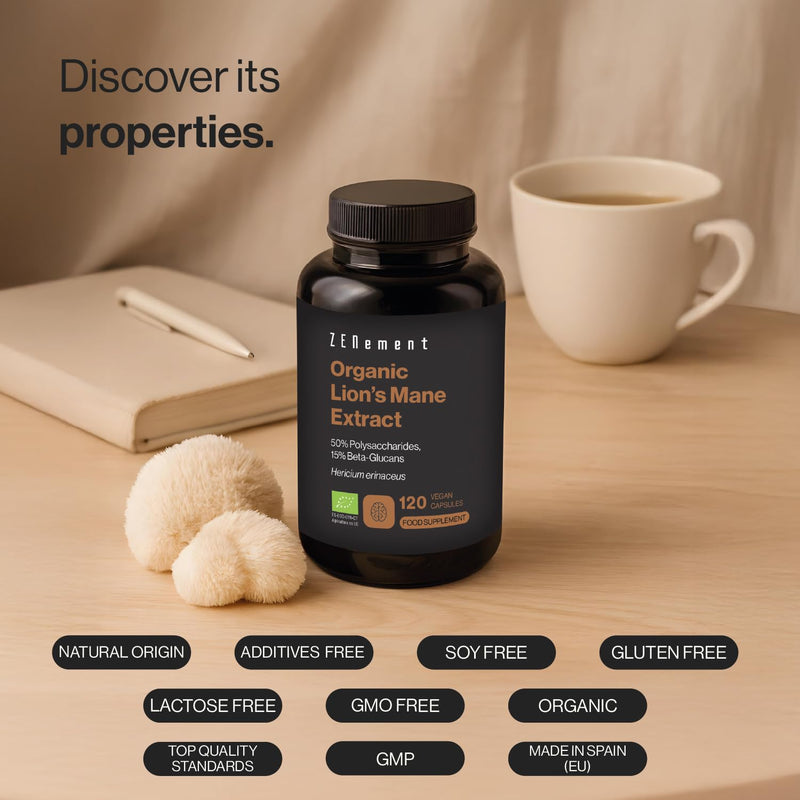 Lion’s Mane Extract Organic 50% Polysaccharides and 15% Beta-Glucans – Hericium Erinaceus – Natural and Vegan Origin – 4-Month Supply – 120 Vegan Capsules – Zenement