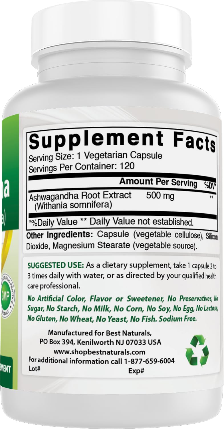 3 Pack - Best Naturals Ashwagandha Capsules for Relaxing Stress and Mood, 500 mg, 120 Count (Total 360 Capsules)