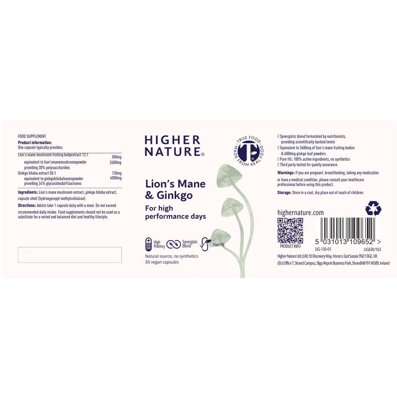 Higher Nature - Lion's Mane & Ginkgo - for High Performance Days - True Food® Formula - High Strength Ginkgo Biloba 6000mg & Lion's Mane Mushroom 3000mg - Vegan Formula - 30 Capsules