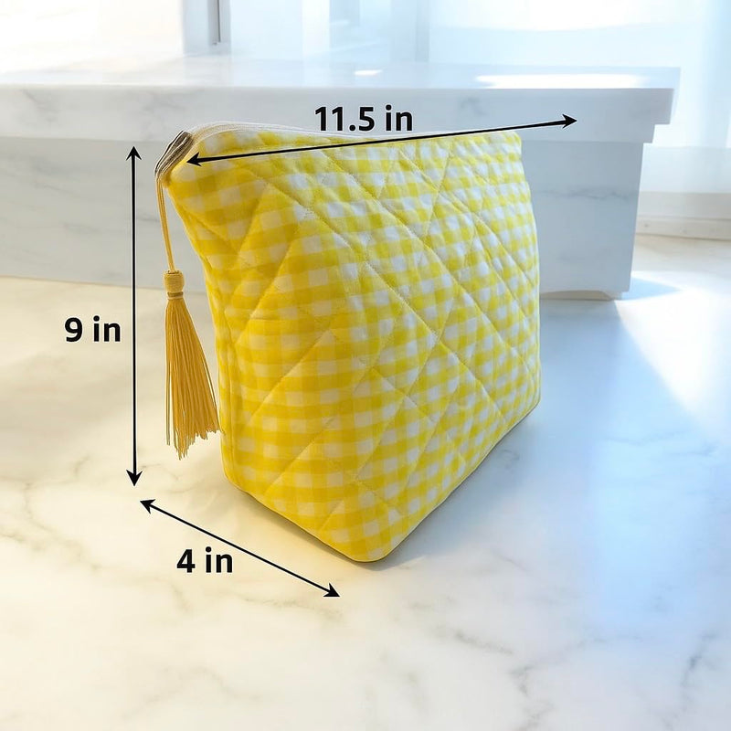 Handmade Quilted Cosmetic Bag – Yellow Gingham Cotton Fabric with Zipper Tassel