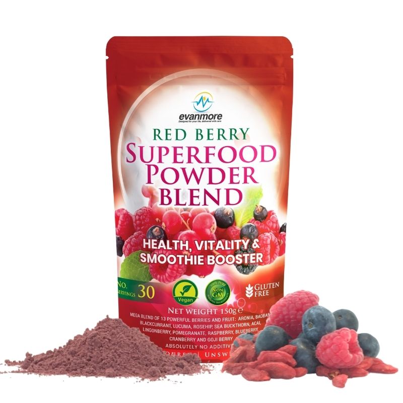 Red Berry Superfood Powder Blend - Evanmore Super Complete Reds Mix Vegan & Vegetarian Friendly Smoothie Juice Health Vitality Booster Supplement - 150g / 30 Servings - Natural Gluten Free Megablend