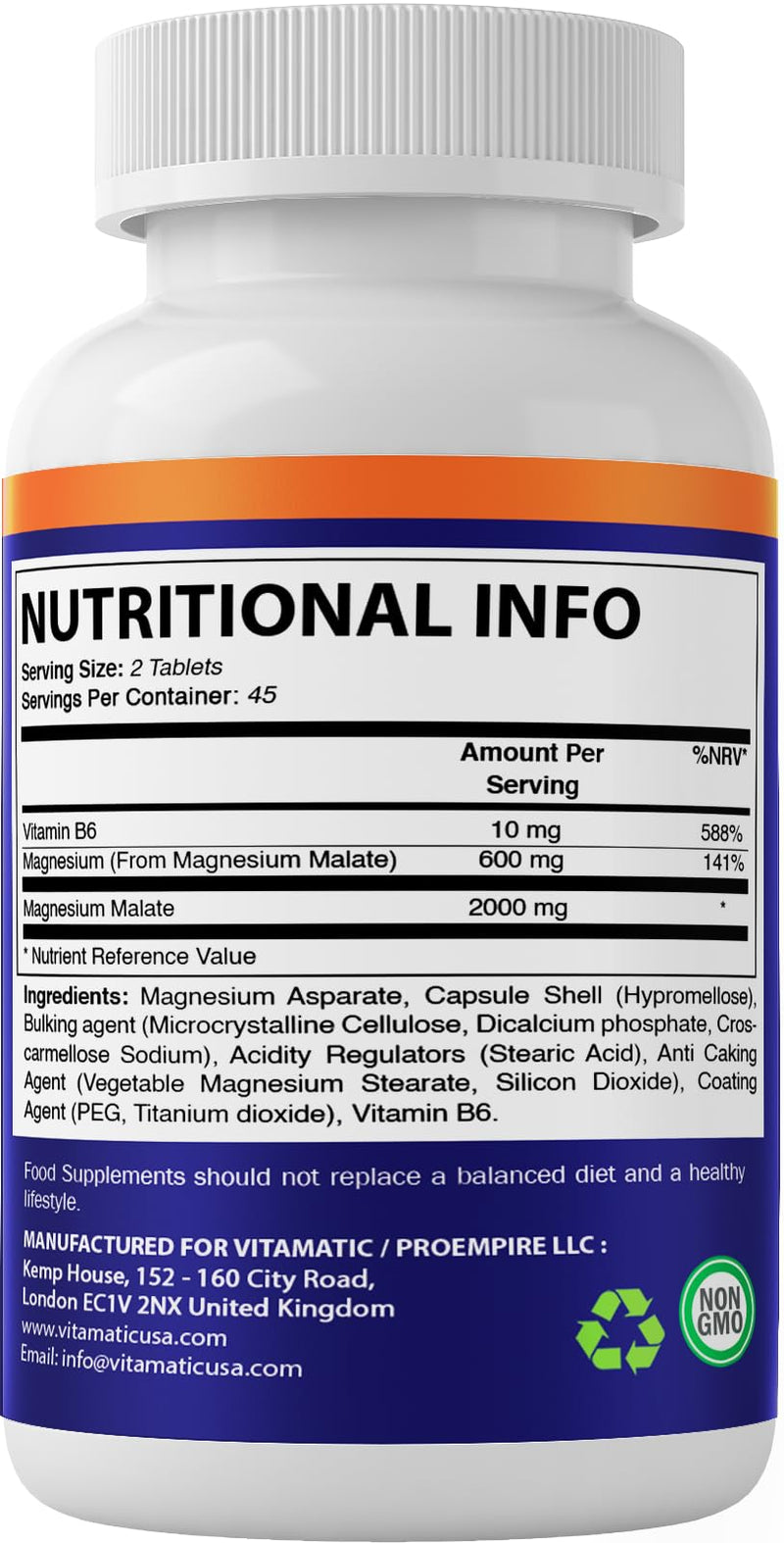 Vitamatic Magnesium Malate 2000mg per Serving - 90 Vegetarian Tablets - Added B6 for Maximum Absorption - Supports Muscle, Joint, and Heart Health*