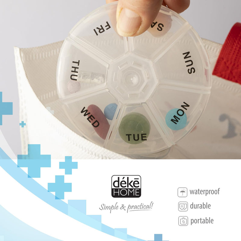 Deke Home - Round Portable Pill Box, Medicine Planner, Small 7 Day Weekly Travel Container, Medication, Vitamin Holder, Pillbox Organizer, Pill Dispenser, Daily Sorter & Reminder, BPA Free Clear 1 Count (Pack of 1)