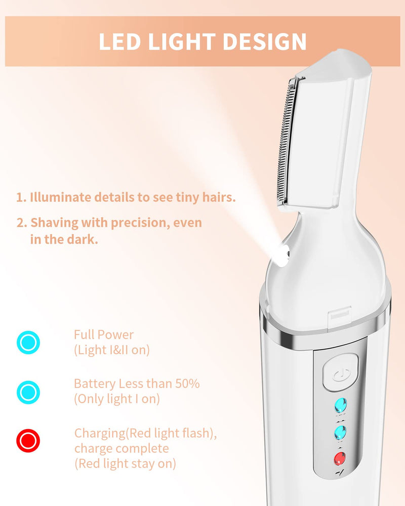[Australia] - Eyebrow Trimmer, Electric Eyebrow Razor for Women Men, Rechargeable Painless LED Light Facial Hair Shaver Remover with Rinseable Blade for Face Lips Neck Leg White 