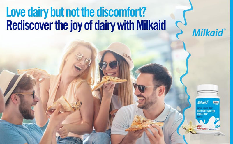Milkaid Vanilla Lactase Enzyme Chewable Tablets for Lactose Intolerance Relief | Prevents Gas, Bloating & Diarrhoea | Fast Acting Dairy Digestive Supplement | Gluten Free & Vegan | 120 Tablets