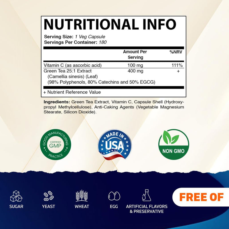 Vitamatic Green Tea Extract with Vitamin C, 25X Concentrate, 98% Polyphenols, 80% Catechins, 50% EGCG, 180 Veg Capsules