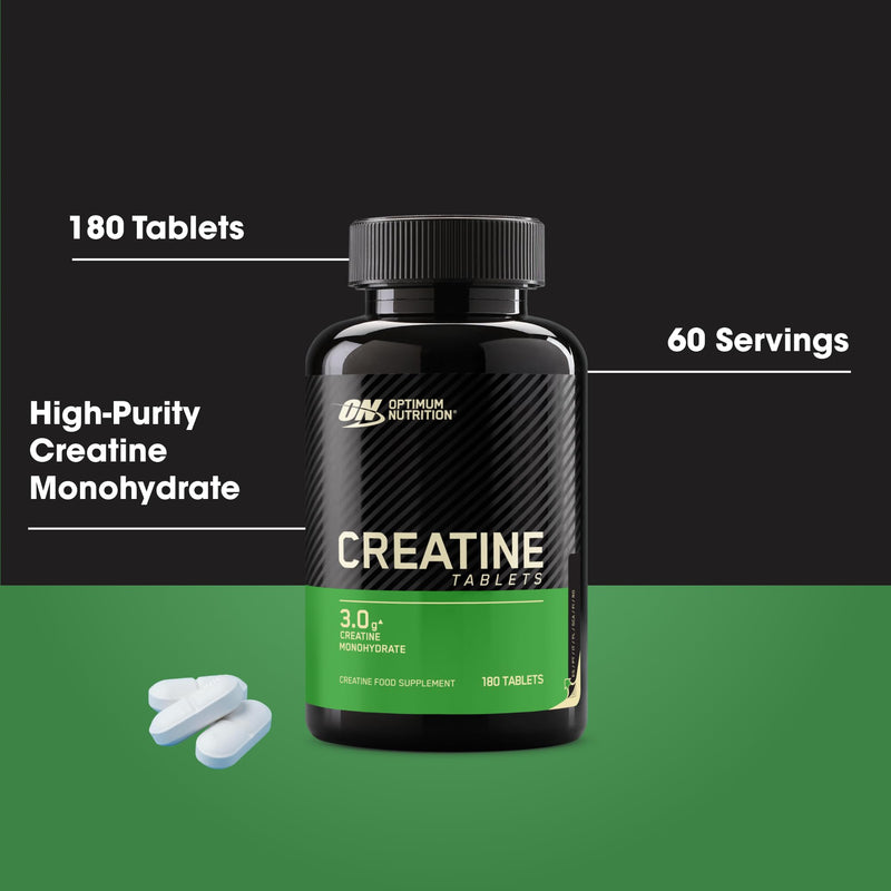 Optimum Nutrition Creatine Tablets, 3 g of Creatine Monohydrate per Serving, Unflavoured, Supplement to Support Performance During High‑Intensity Training, 180 Tablets, 60 Servings