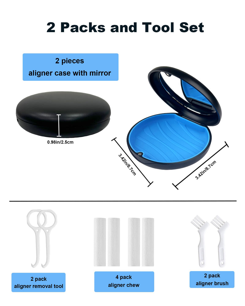 2 Pack Retainer Case with Mirror Kits, Aligner Case Compatible with Invisalign, Slim Night Guard Cases with Aligner Removal Tool, Brush and Chew, Black