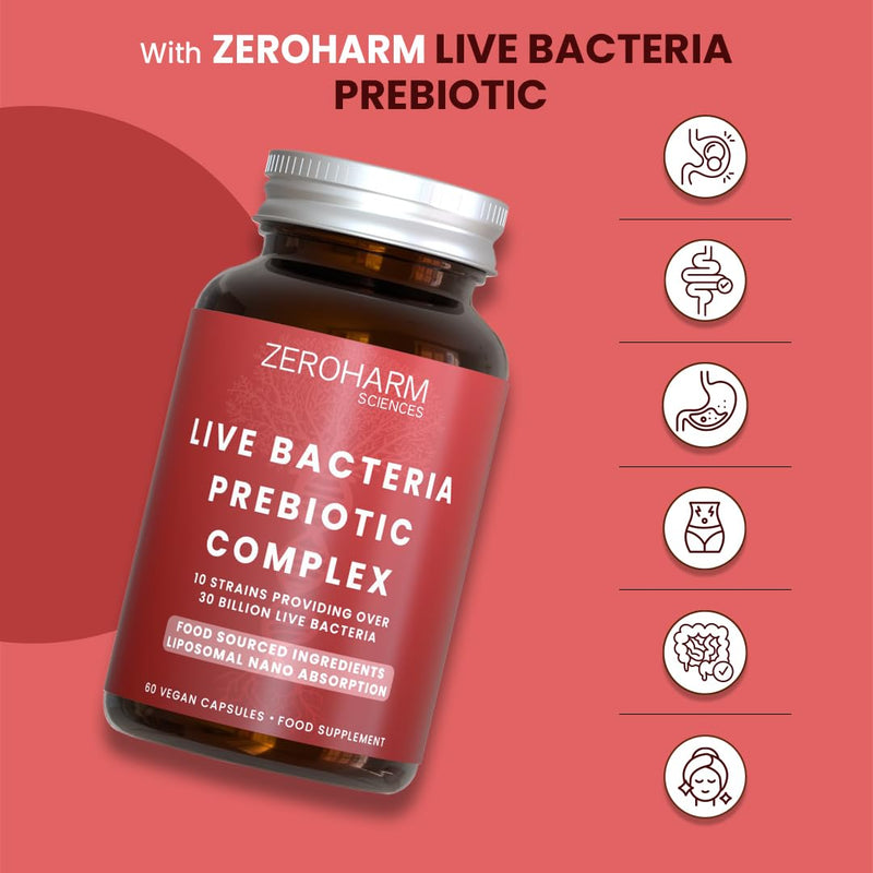 ZeroHarm Prebiotic & Live Bacteria Complex – 30 Billion CFU with 10 Strains – Gut, Digestion & Microbiome Support – Liposomal Absorption – Powered by Real Food Ingredients – 60 Vegan Capsules