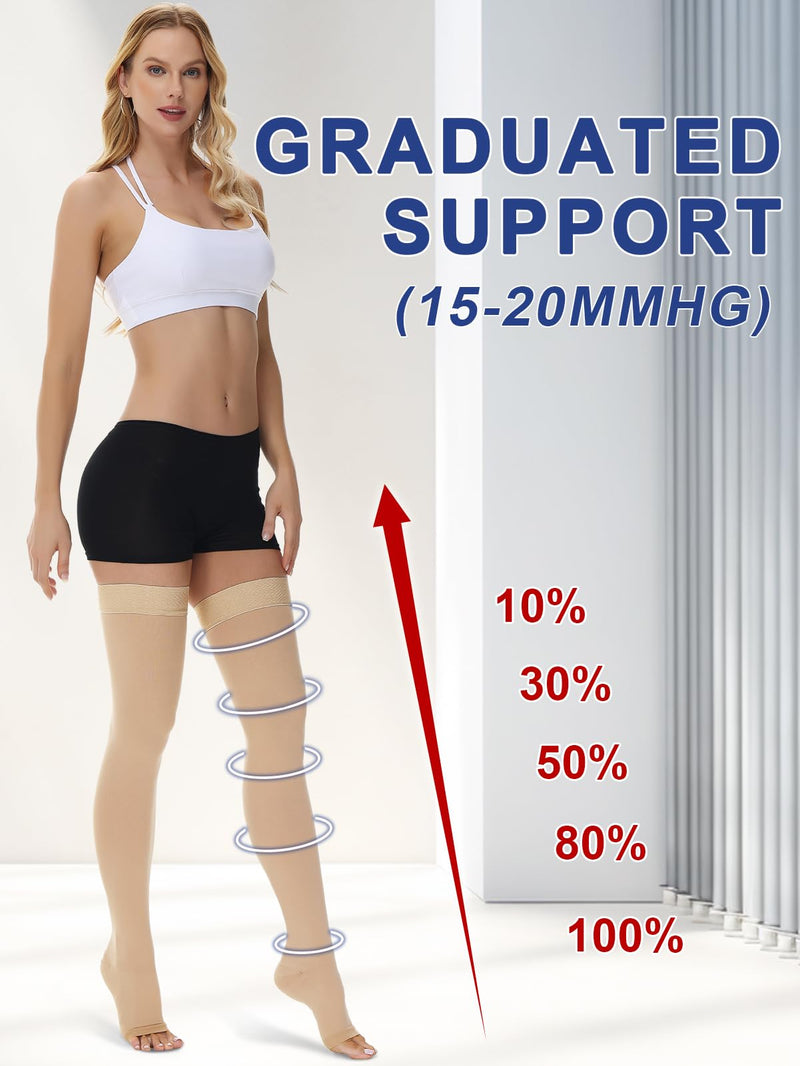 [Australia] - beister 15-20 mmHg Open Toe Medical Compression Stockings for Women Men, Thigh High Graduated Compression Socks with Dot Silicone Band, Support Circulation Pressure Stockings for Varicose Veins, Edema Beige Large 