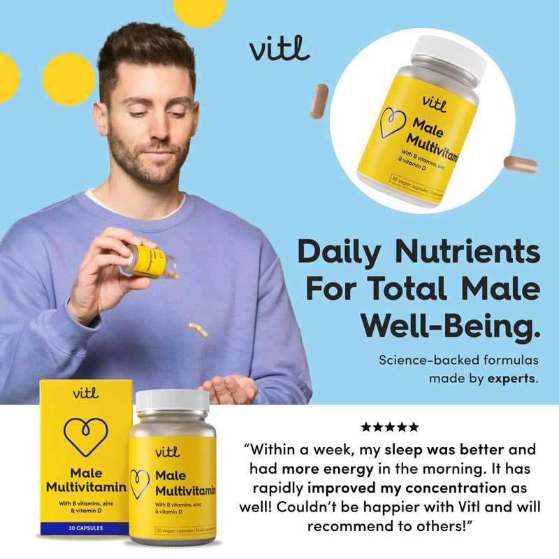 Vitl Male Multivitamin & Minerals Supplement - 30 Vegan Capsules - 20 Essential Nutrients Including B Vitamins, Zinc, Vitamin D & Plant Extracts - Support Overall Male Wellbeing - 1 Month Supply