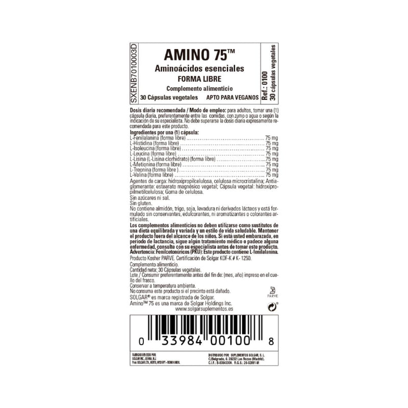 Solgar Amino 75 Essential Amino Acids Vegetable Capsules - Pack of 30