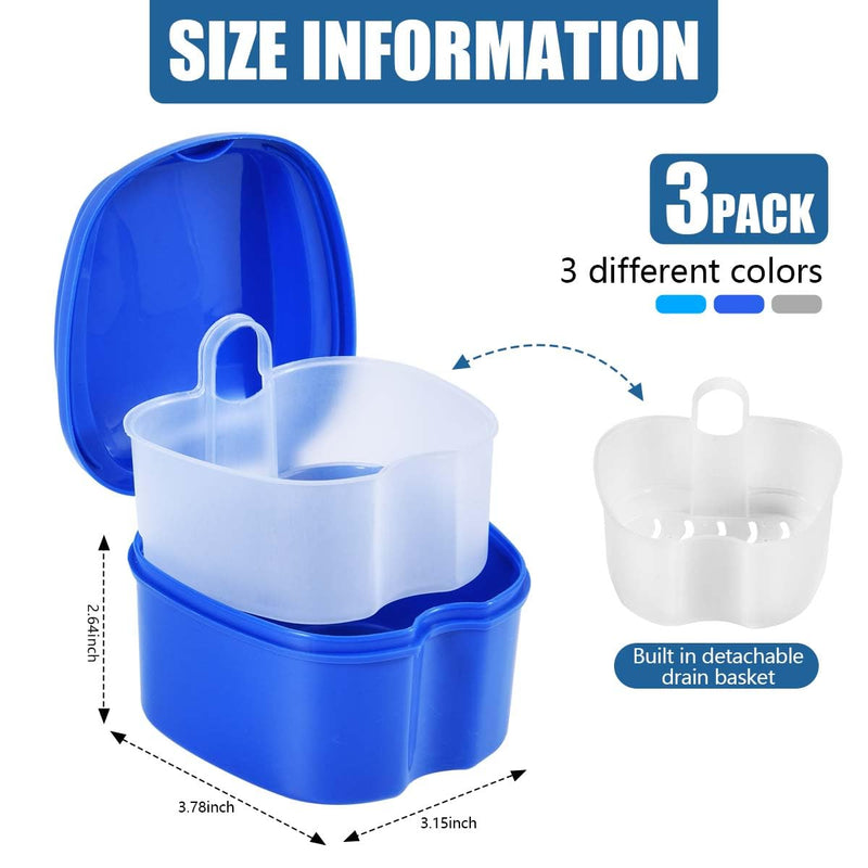 3 Pack Colors Denture Bath Case Cup Box Holder Storage Soak Container with Strainer Basket for Travel Cleaning (White, Blue, Light Blue) White, Blue, Light Blue