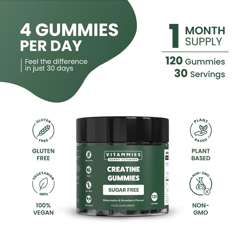 Vitammies Vegan Sugar Free Creatine Monohydrate Gummies for Muscle Gain | More Strength | Faster Recovery | Clinically Studied Creatine 5g Dose | Watermelon Strawberry Flavour | 30 Servings
