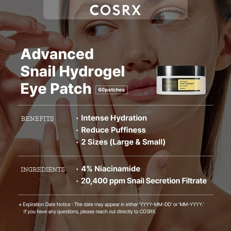 COSRX Advanced Snail Hydrogel Eye Patch (60pc), Gel Serum Mask, Puffy Undereye Treament, Fine Lines, Refresh, Hydrate| Paraben free, Korean Skincare 60 Count (Pack of 1)