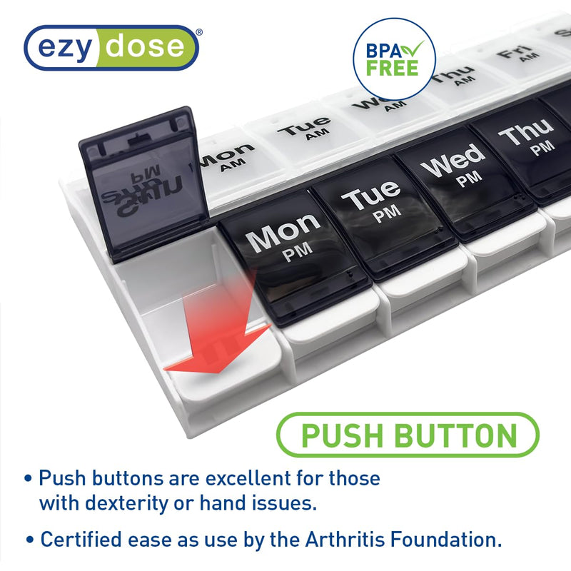 Ezy Dose Weekly (7-Day) AM/PM Pill Organizer, X-Large Case, Black/White | Daily Vitamin Box & Supplement Planner, 2 Times a Day Push Button Compartments, Arthritis-Friendly, Travel-Friendly, BPA-Free Blue/White