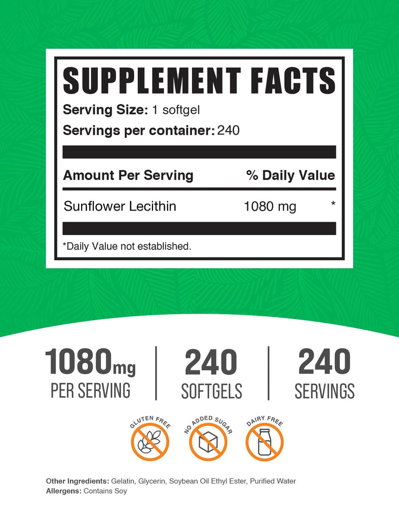 BulkSupplements.com Sunflower Lecithin Softgels - Lecithin Supplement, Sunflower Lecithin 1080mg - Vitality Support, Gluten, 1 Softgel per Serving, 240 Count (Pack of 1) 240 Count (Pack of 1)