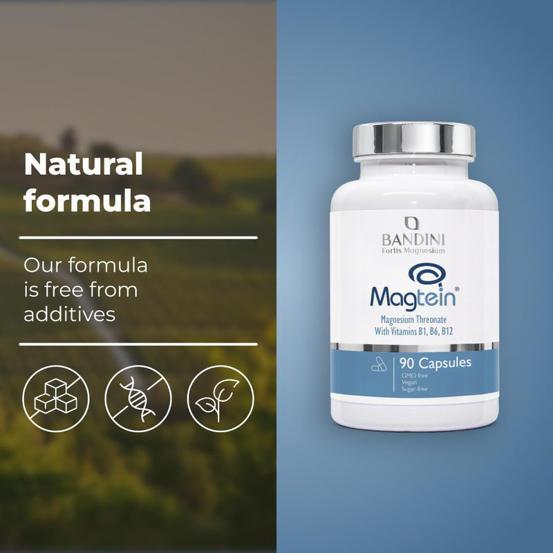 Bandini® Magnesium L-Threonate Magtein® | High Strength Magnesium L Threonate 2000mg per Serving with Vitamins B1, B6, and B12 | 90 Vegan Capsules | High Absorption for Cognitive Function Support
