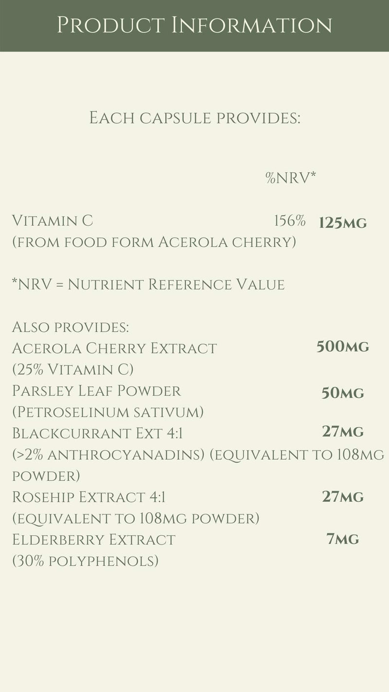 WholeFood VIT C - 100% Natural - NO Ascorbic Acid - HIGH Bioavailability - Acerola Cherry, Rosehip, Blackcurrant, Parsley Leaf, Elderberry - 60 Capsules