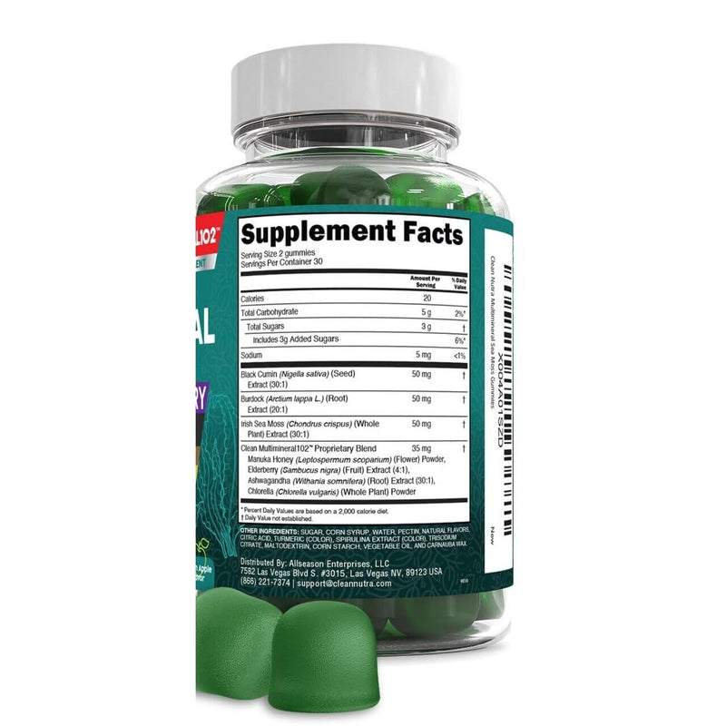 Sea Moss Gummies | Clinically Tested - Black Seed Oil Ashwagandha Elderberry Burdock Root Chlorella Manuka Honey - Vegan Irish Sea Moss Gummy Vitamins for Adults Kids Men Women - Green Apple Flavor 1