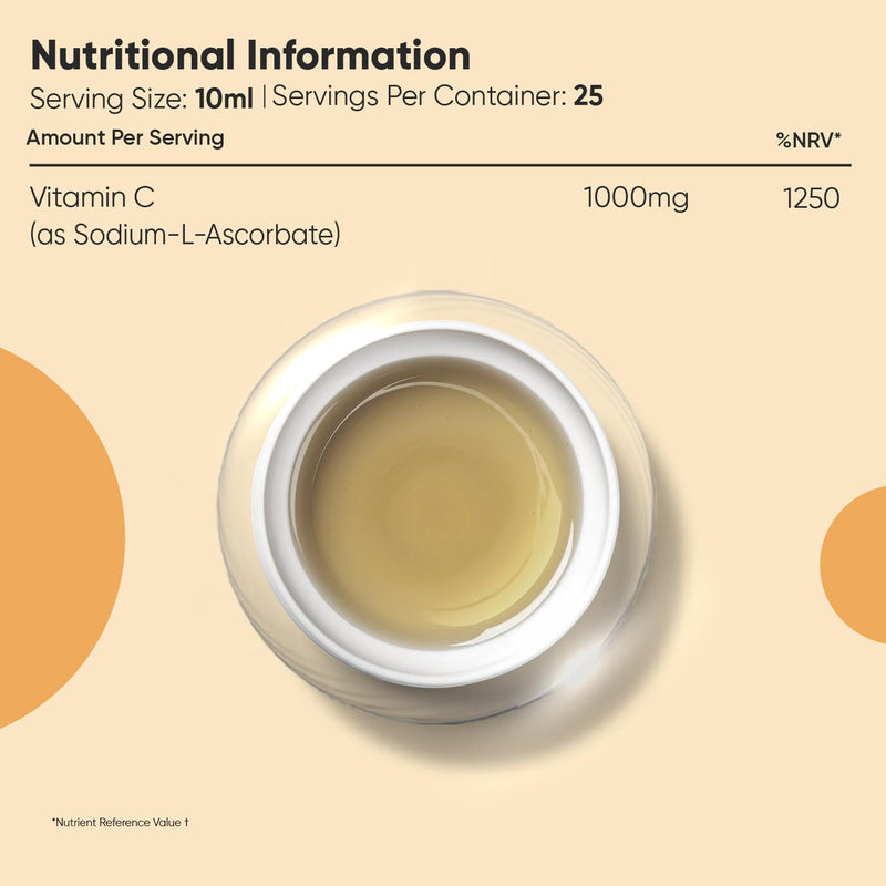 Liposomal Vitamin C Liquid - 250ml - Natural Orange Flavour - Sugar-Free & Gluten-Free - 1000mg per Serving - Easy-to-Absorb Sodium-L-Ascorbate Form - Non-GMO & Vegan-Friendly VIT C Supplements