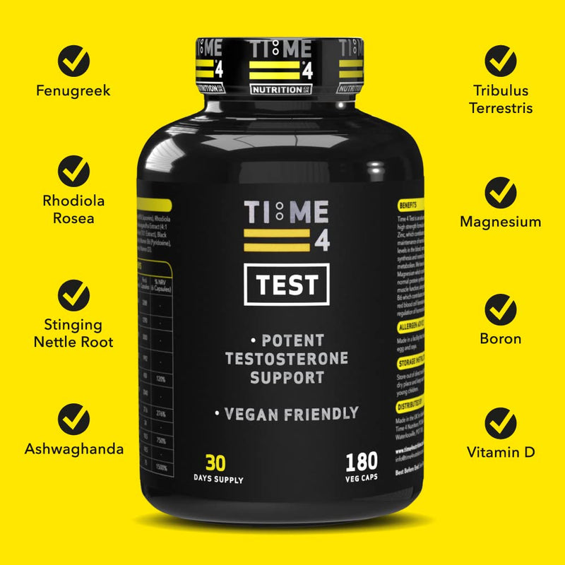 Time 4 Test – Testosterone Booster for Men, High Strength Testosterone Support, Vegan Testosterone Boosters Supplements, Build Lean Muscle, Burn Fat, Libido Booster – 180 Capsules, 30 Days Supply