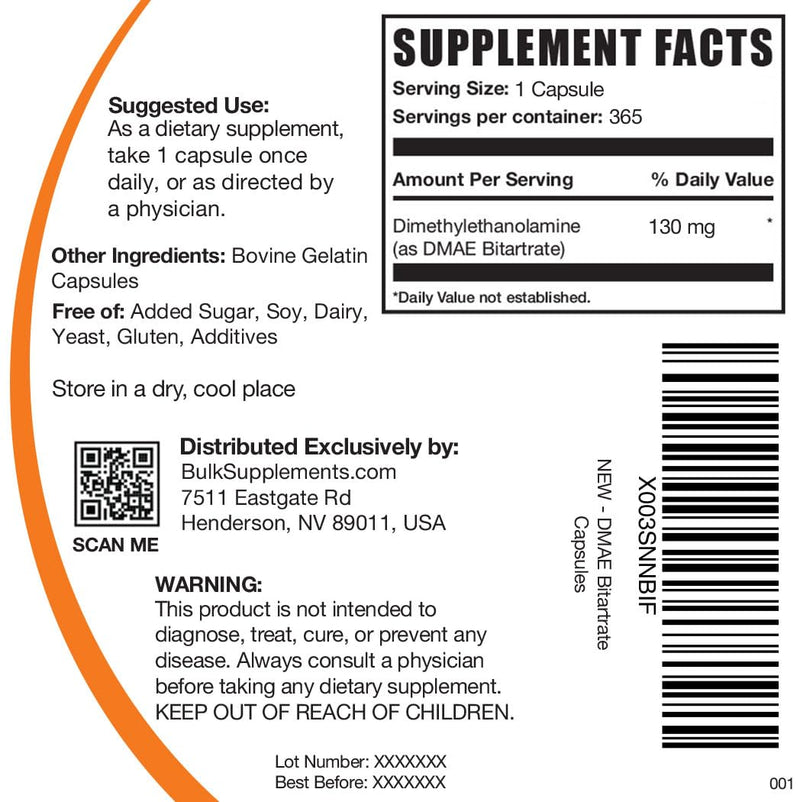 [Australia] - BulkSupplements.com DMAE Bitartrate Capsules - Dimethylaminoethanol, DMAE 350mg, DMAE Supplement, DMAE Capsules - for Brain Health & Focus, Gluten Free, 1 Capsule per Serving, 365 Capsules 