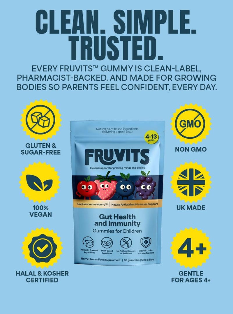 Kids Prebiotic Gummies – 1-a-Day, Sugar-Free – Gut Health & Immune Support with Inulin, Vitamin D3 & Immunoberry™ – Vegan, Allergen-Free – Blueberry Flavour – 30-Day Supply, Ages 4-13