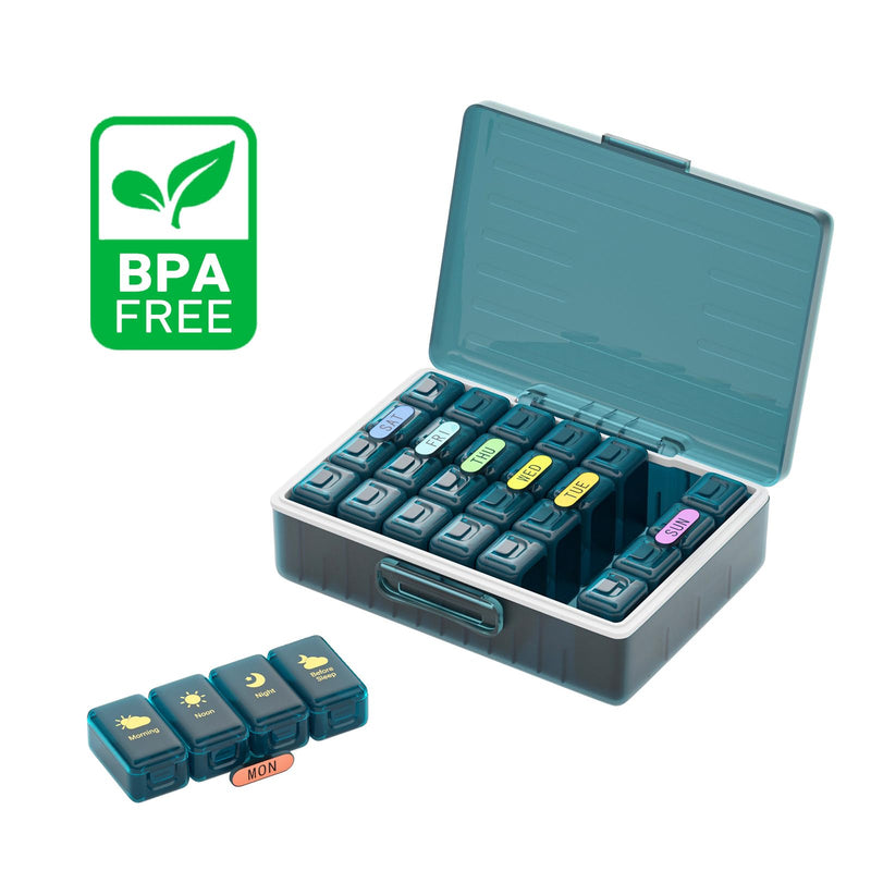 Weekly Pill Organizer 4 Times a Day, Large Compartments Pill Box 4X 7 Day, Medicine Organizer Pill Case for Pills/Vitamins/Fish Oils/Medication/Supplements (4x7 Blue) 4 Times x 7 Days