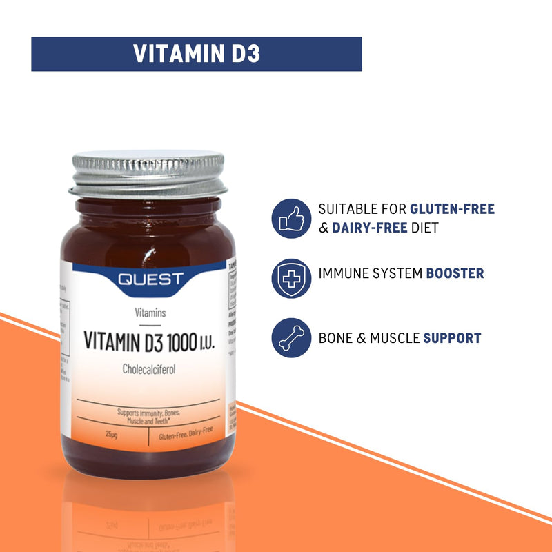 Quest - Vitamin D3 1000i.u High Strength VIT D Supplements Tablets. Easy to Swallow One A Day D3 Vitamin for Immune System, Healthy Bones, Teeth and Muscles (90 Tablets) 1 count (Pack of 90)