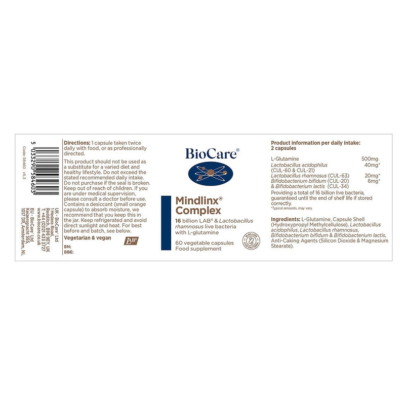 BioCare Mindlinx Complex - LAB4 & Lactobacillus Rhamnosus Live Bacteria with L-Glutamine - Vegan Friendly - 60 Capsules