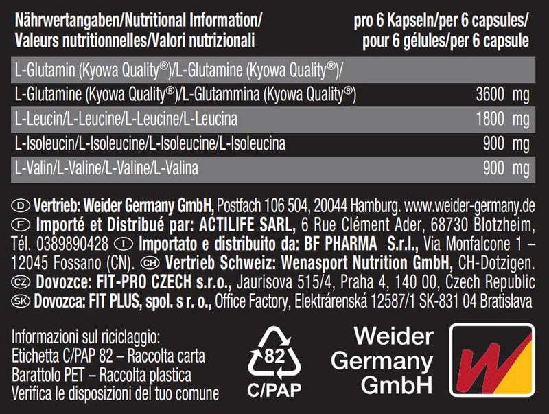 Weider BCAA + Glutamine, Recovery, Strength, Endurance, 180 Capsules