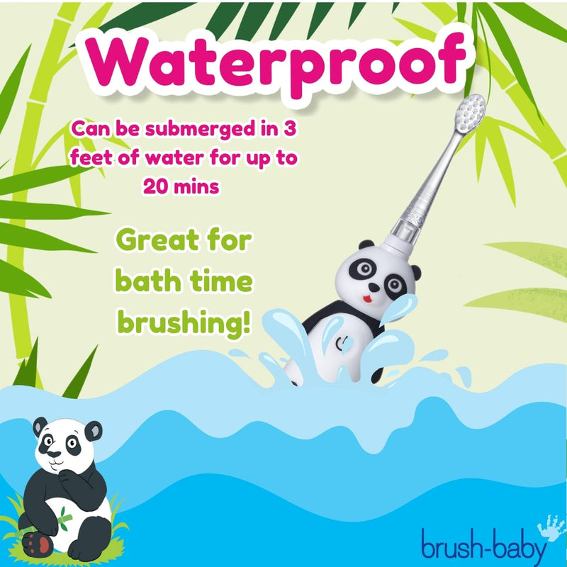 [Australia] - BrushBaby - WildOnes - Kids Rechargeable Electric Toothbrush, Ages 0-10 - Pan-Pan Panda Design with Flashing Lights - DeepClean Bristles for Superior Cleaning - 2 Replacement Brush Heads, 1 USB Cable 