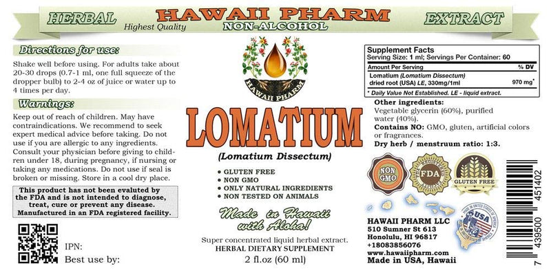 [Australia] - Hawaii Pharm Lomatium Alcohol-FREE Liquid Extract, Lomatium (Lomatium Dissectum) Dried Root Glycerite Natural Herbal Supplement 2 oz 2 Fl Oz (Pack of 1) 