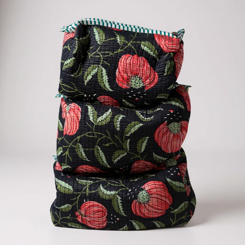 Cotton Hand Block Floral Print Toiletry Bag For Women Make Up Cosmetic Bag Jewelry Organizer Kit Storage Bag Case Travel Accessories Essentials Toiletries Purse Open Pouch set of 3 gift of her
