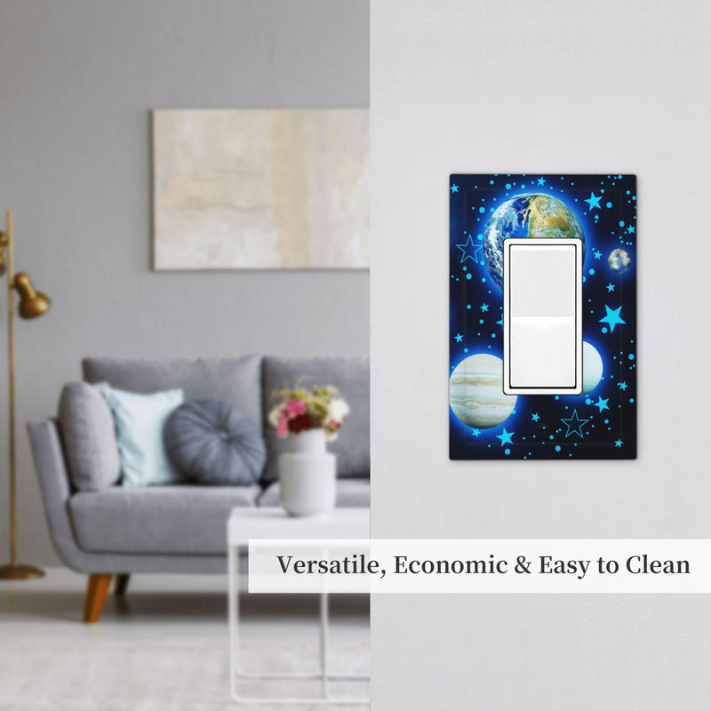 [Australia] - Stars Planet 1 Gang Light Switch Cover Blue Solar Decorative Wall Plate Single Rocker System Glow GFCI Switchplate Electrical Faceplate for Home Nursery Decor 1-Gang Rocker /5 x 3 IN Stars Solar System Planets 