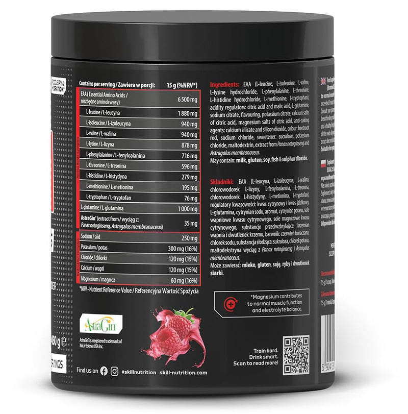 Skill Nutrition EAA + Electrolytes - Raspberry Flavour | 6.5 g EAA per Serving | BCAA 2:1:1, 1000 mg L-Glutamine, Electrolytes & AstraGin® | Powder Supplement | 450 g