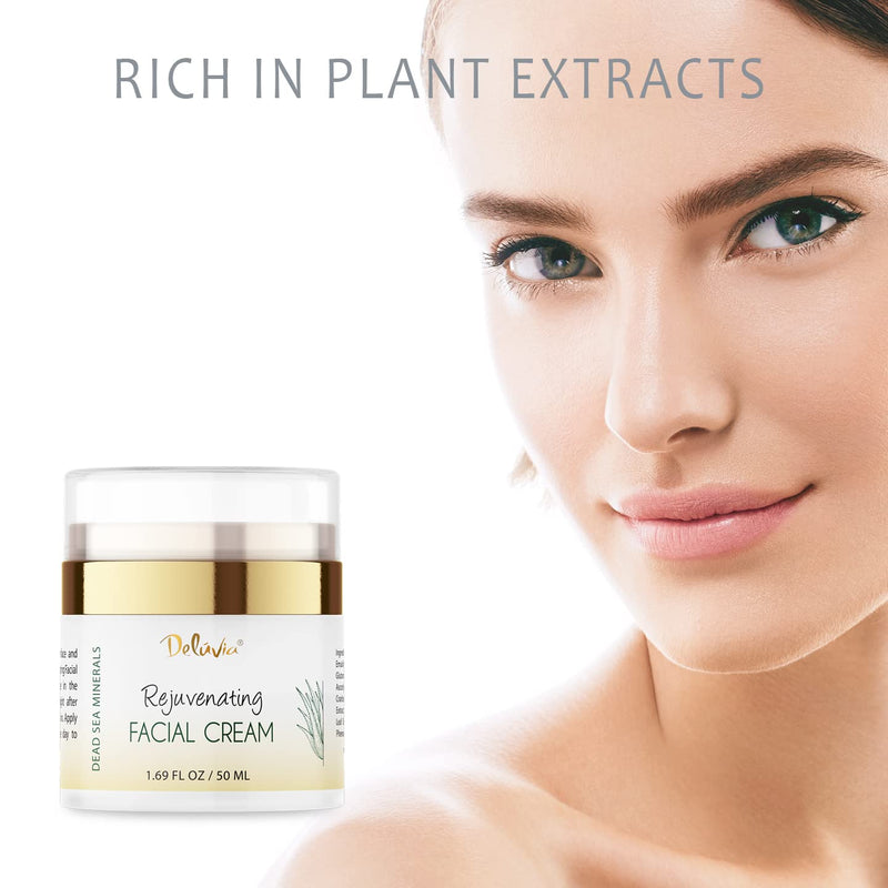 Deluvia Rejuvenating Facial Cream | Organic Aloe Vera, Coconut Oil, Vitamin C + E | Dead Sea Minerals | Daily Face Lotion for Dry Skin, Sensitive Skin
