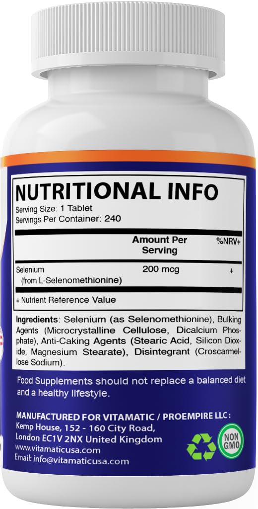 Vitamatic Yeast Free Selenium 200mcg as Selenomethionine Supplement Essential Trace Mineral with Superior Absorption 240 Tablets