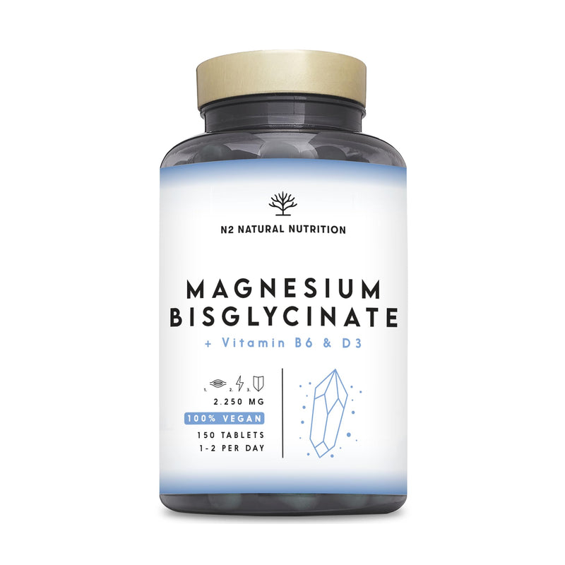 Magnesium Bisglycinate 2250mgt, 450mg Elemental Magnesium, Vitamin D3 + B6 (up to 5 Months) 150 High Absorbtion Divisible Tablets, Help Reduce Tiredness and Fatigue. N2 Natural Nutrition