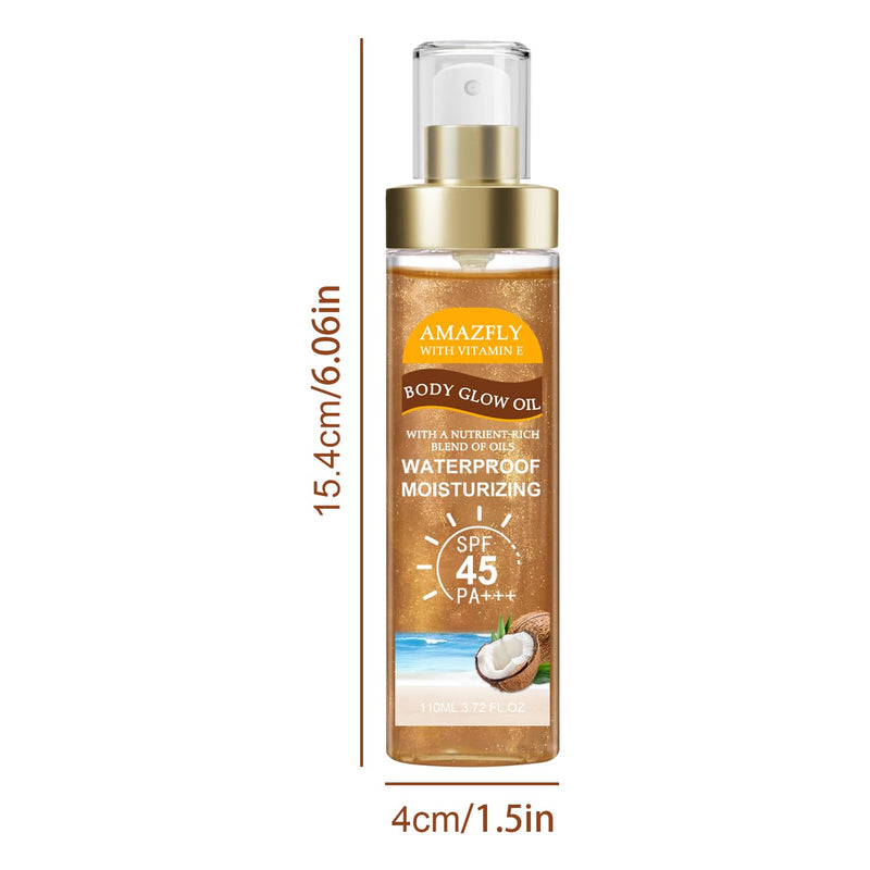 Body Glow Oil, SPF 45 PA+++, Sunscreen Body Oil with AMBER Mica, Moisturizing Coconut with Vitamin E, Glow Moisturizer, Lightweight, Water Resistant, 3.72 fl oz (#3 AMBER) #3 AMBER