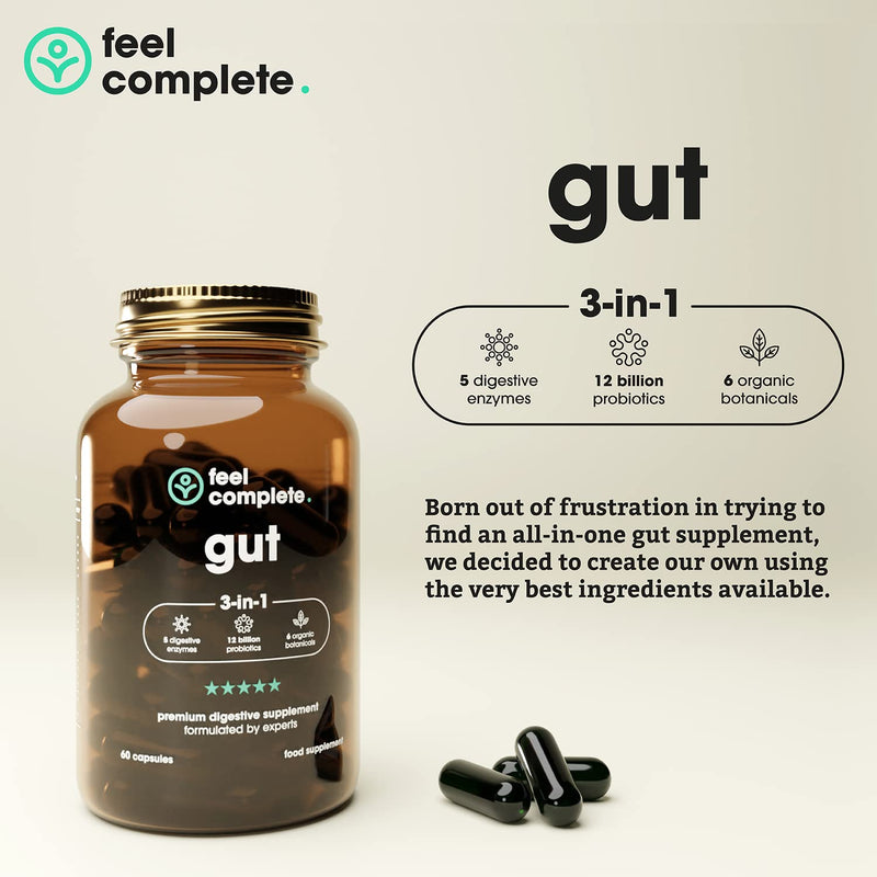 Feel Complete | Gut 3-in-1 | Premium Digestive Supplement | Probiotics & Digestive Enzymes & Prebiotics | Gut Health | Vegan | Made in The UK | 60 Capsules 60 count (Pack of 1)